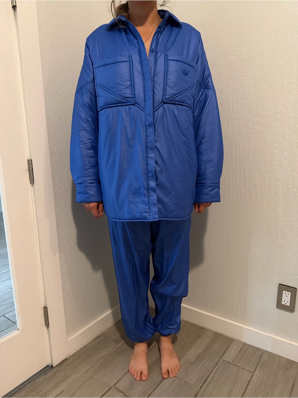adidas unisex Royal Blue Oversized Puffer Shirt Jacket and pants